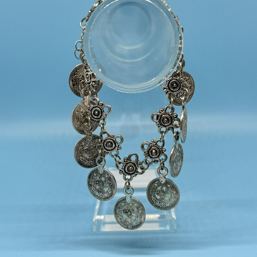 Silver Coin Anklet Jingle Charm Ankle Bracelet Beach Festival Tassel Ornate Boho